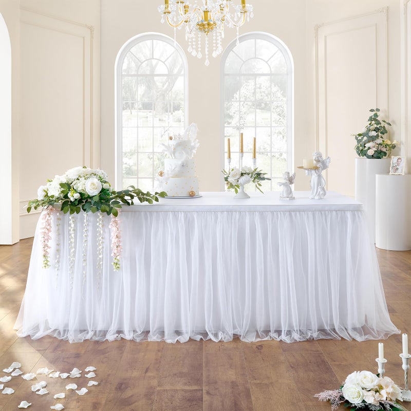 NSSONBEN 167in White Tulle Table Skirts for Rectangle Tables 6ft 8ft, 2-Layer Gold Grim Ruffle Tulle Tutu Cloth Table Skirt 14ft Long for Wedding Birthday Party Baby Shower Cake Dessert Tables(No Table Cover) - Image 1